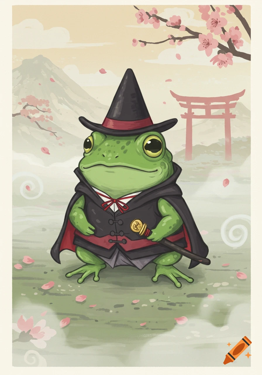 Chibi green frog wizard wearing a black hat and cloak, holding a staff, in a Japanese landscape with Mount Fuji, cherry blossoms, and a torii gate.