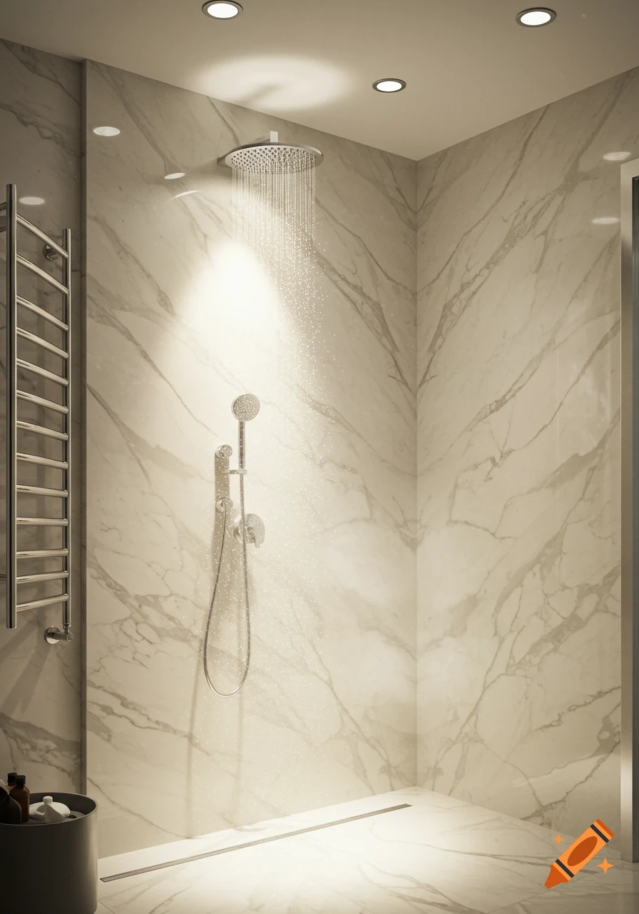 Modern bathroom shower with white marble walls, a rainfall showerhead, and a handheld fixture, with water spraying.