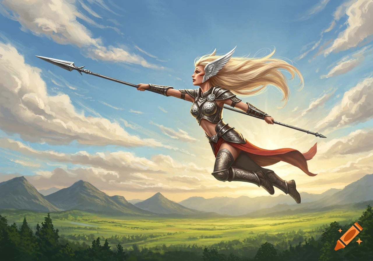 A blonde warrior in ornate armor and a winged helmet flies through a blue, cloudy sky, spear outstretched, above a green valley and mountains.