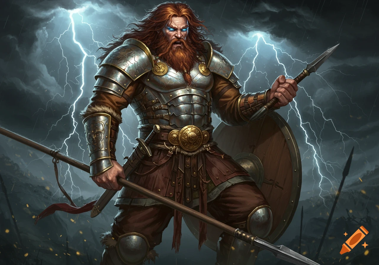 A red-bearded, armored warrior with glowing blue eyes roars under a stormy, lightning-filled sky, holding a spear and shield.