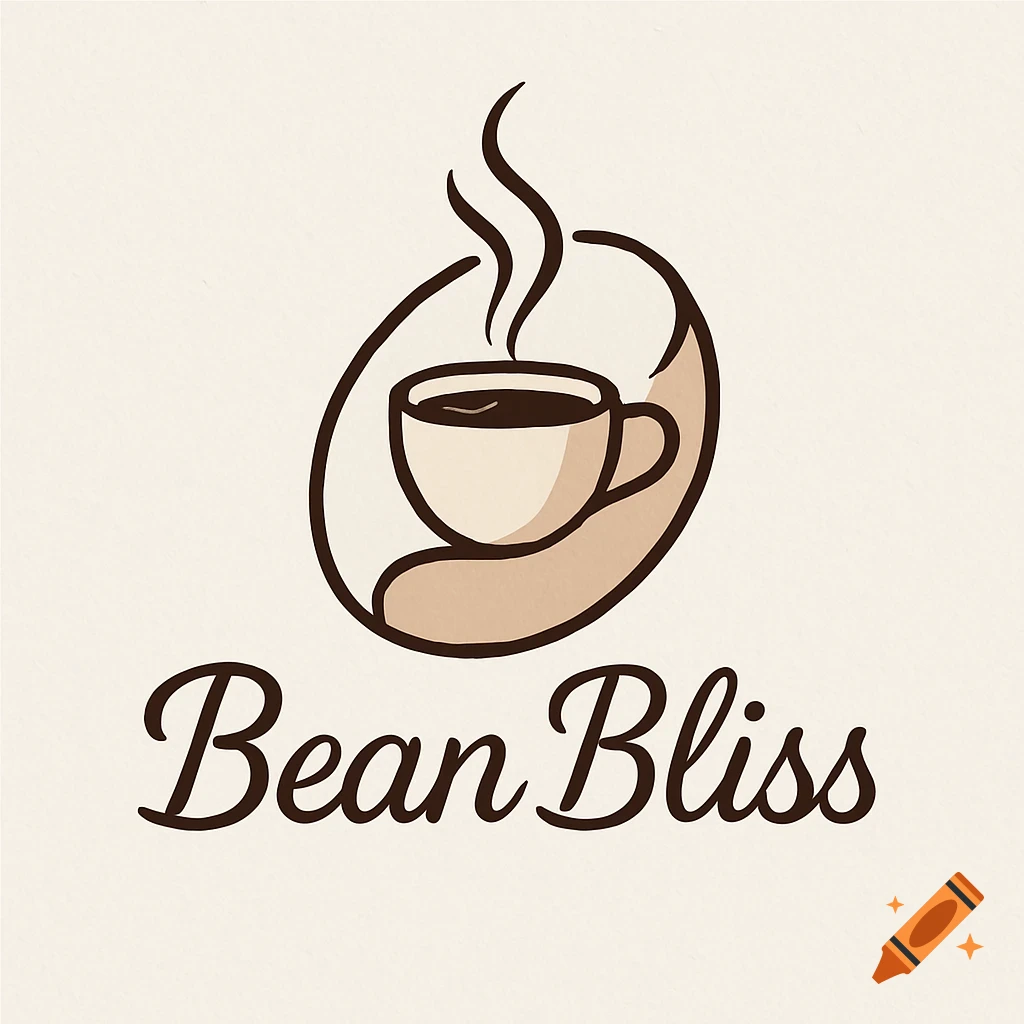 Minimalist logo for Bean Bliss coffee shop with a steaming cup inside a coffee bean shape and text 'Bean Bliss'.