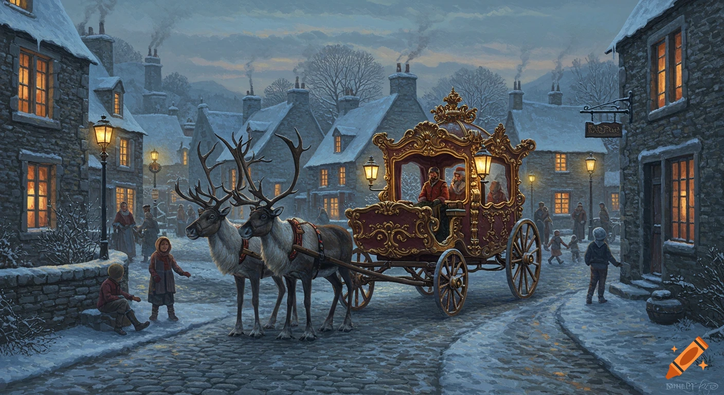 A detailed painting of a snowy village scene with a festive carriage pulled by two reindeer, people gathered on the cobblestone streets, and warm lights in windows.