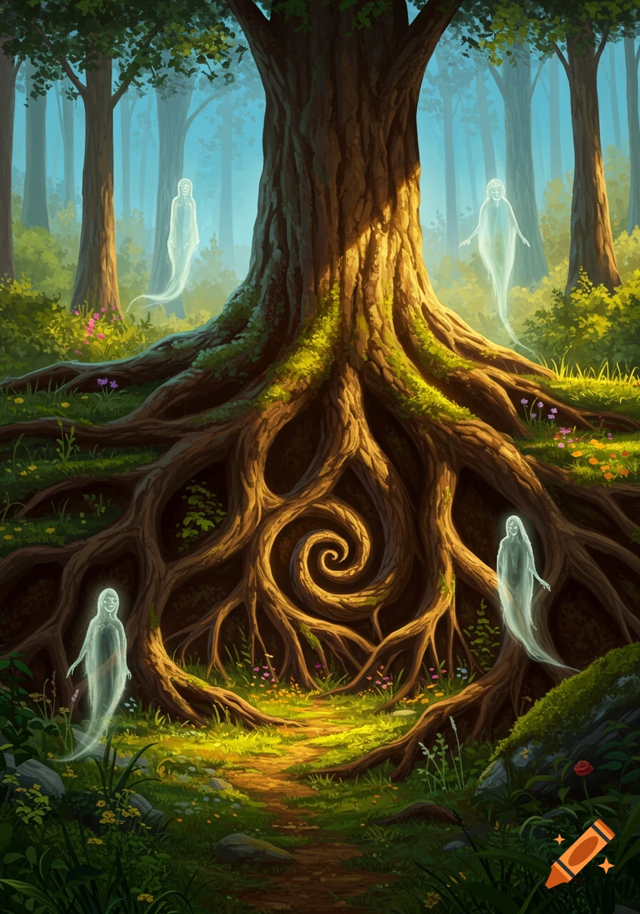 A mystical forest scene with a large, gnarled tree whose exposed roots form a spiral. Four ethereal, ghostly figures float around the tree in a magical, lush green forest.