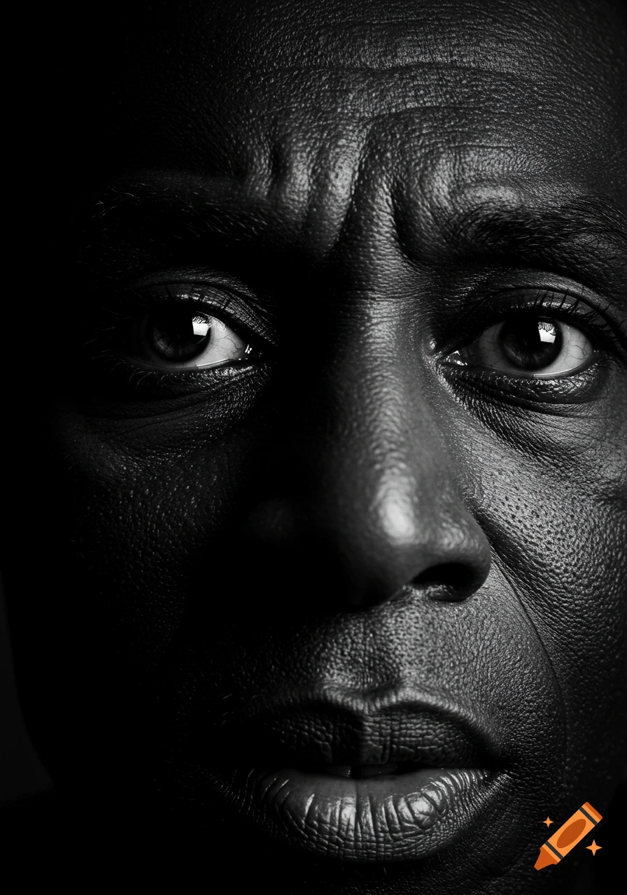 Dramatic black and white close-up of a person's face with an intense gaze, textured skin, and deep shadows.