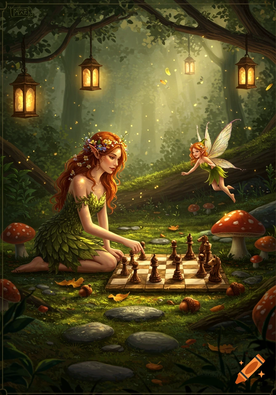 A red-haired nymph in a leaf dress plays chess in a glowing forest, as a small pixie flies nearby.