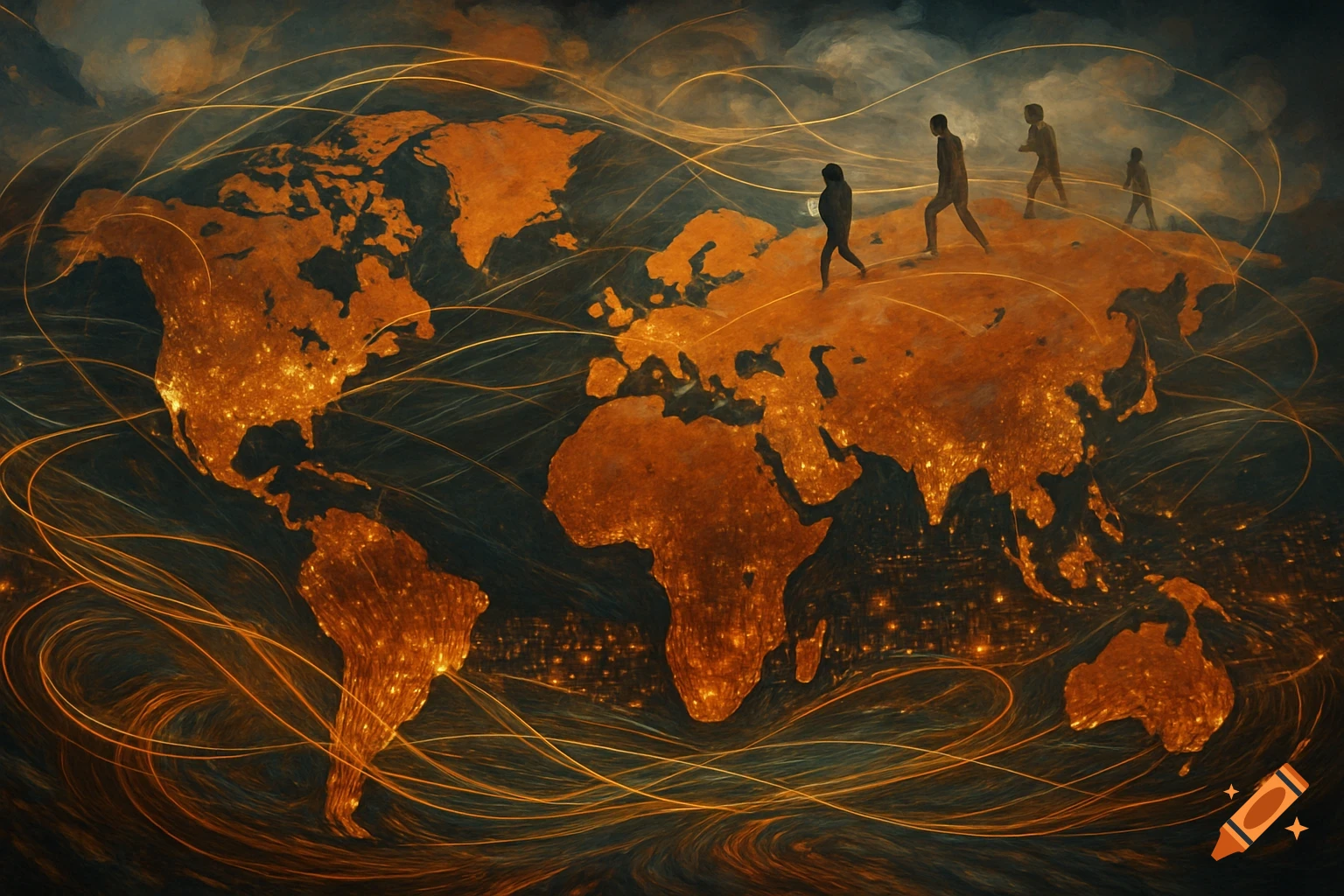A stylized, glowing world map at night, crisscrossed by golden lines, with silhouetted figures walking across continents.