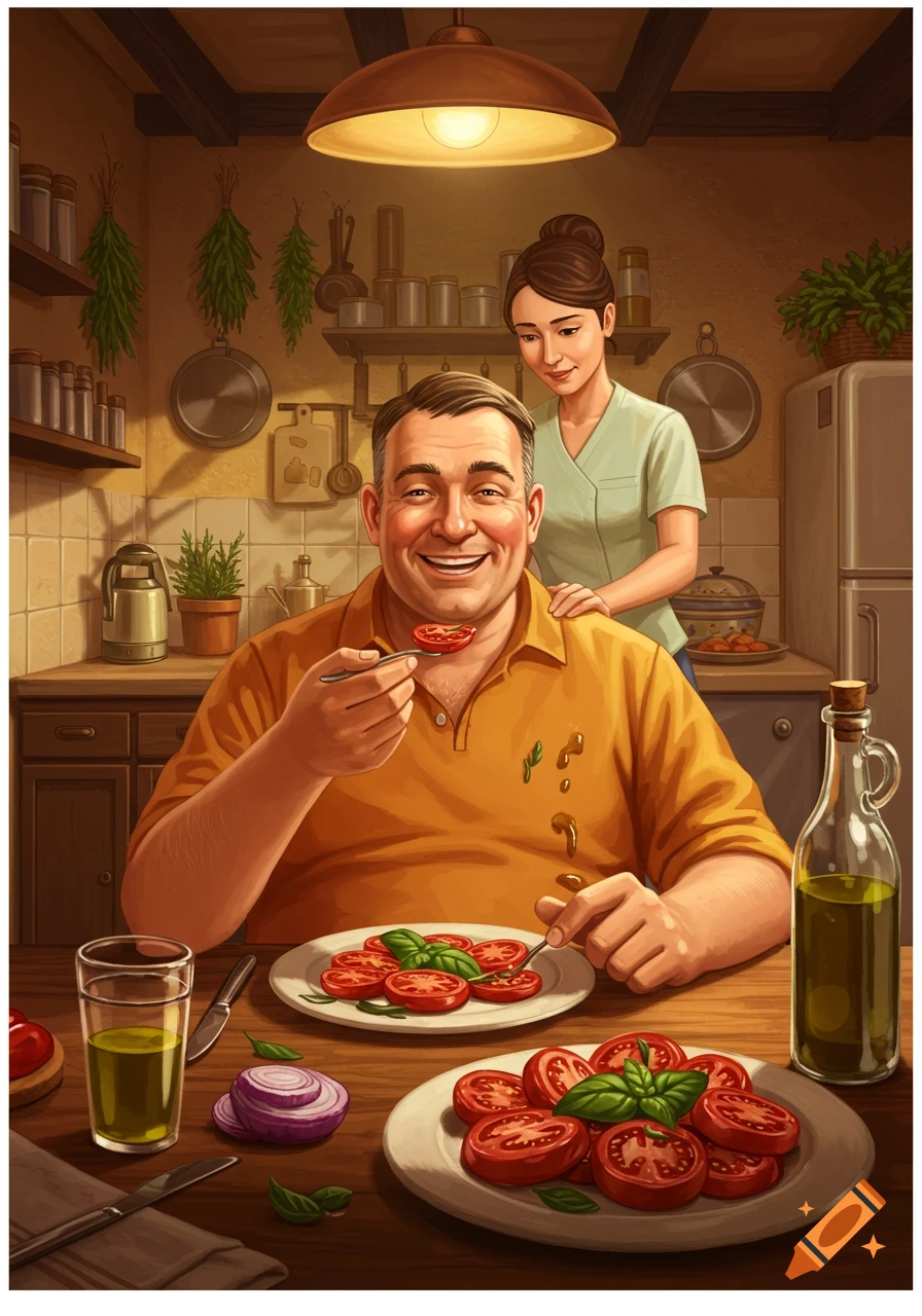 An illustration of a man happily eating sliced tomatoes in a rustic kitchen, while a woman stands behind him with a hand on his shoulder.