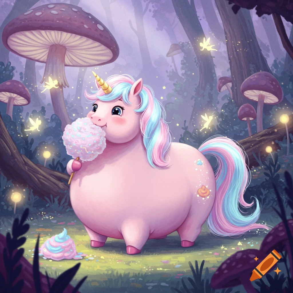 A cute, chubby pink unicorn with a rainbow mane eating cotton candy in a whimsical forest with glowing fairies and giant mushrooms.