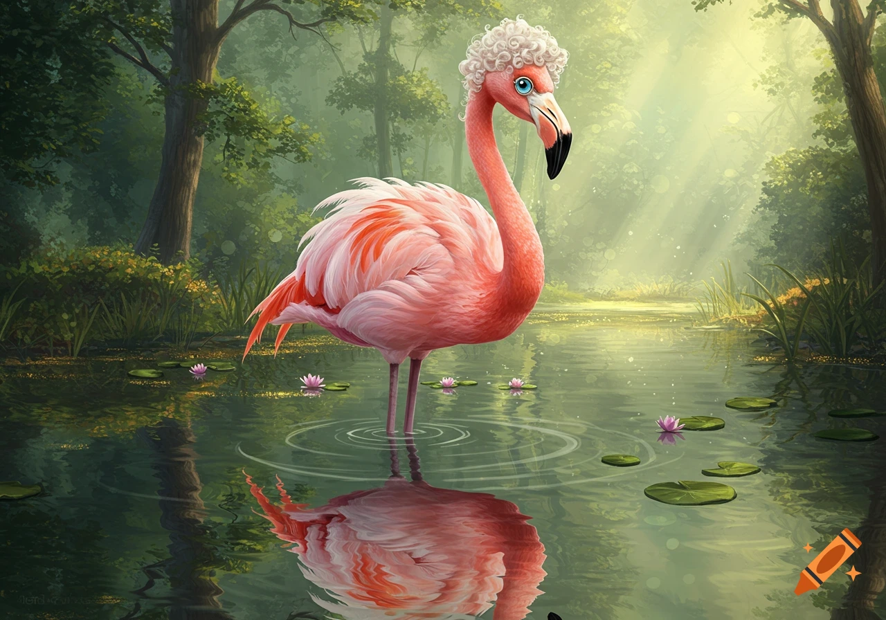 A whimsical pink flamingo with curly white hair and blue eyes stands in a misty, sunlit forest lake with lily pads.
