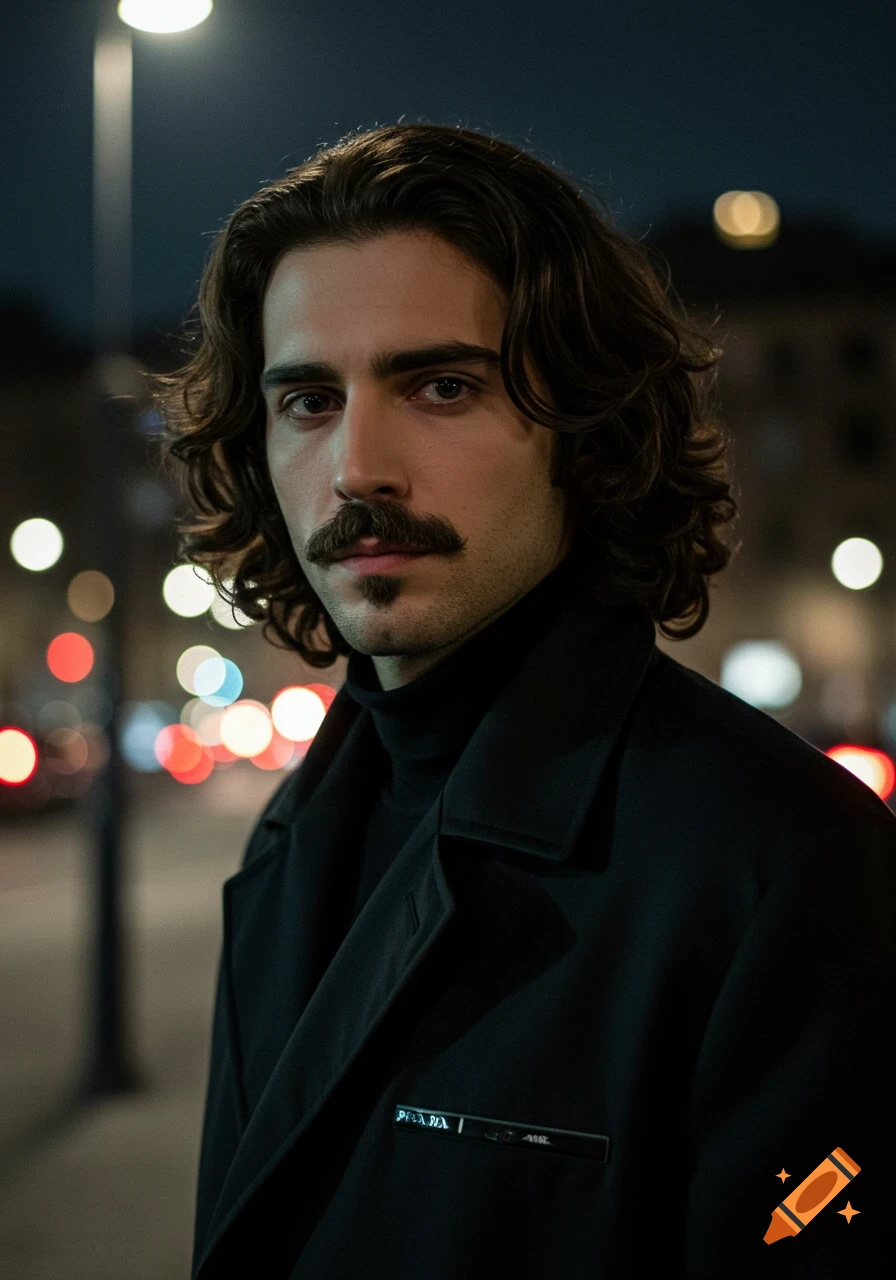 Portrait of a man with long curly hair and a mustache wearing a black Prada coat at night in an urban setting.