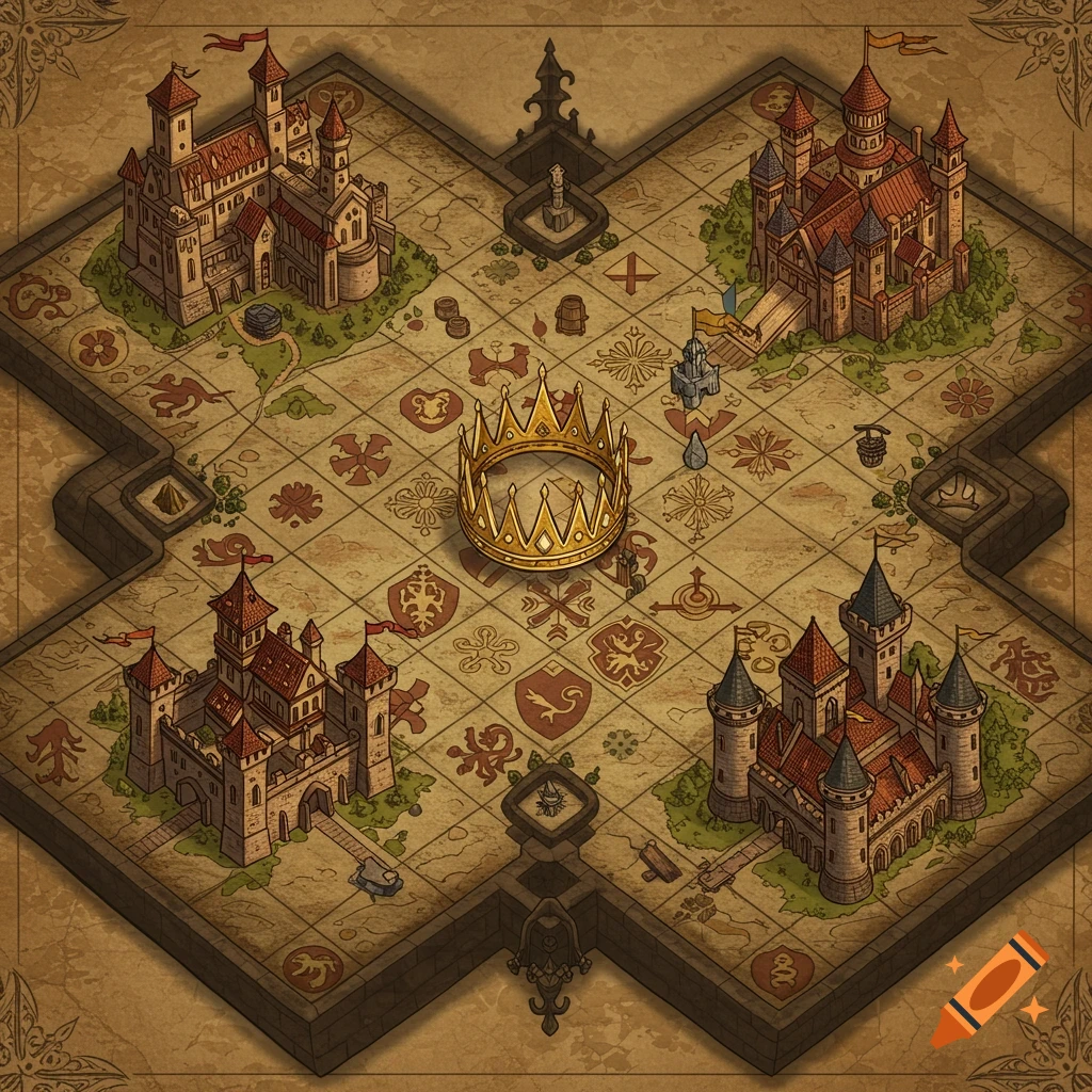 Isometric illustration of a medieval game board with four castles at the corners, a golden crown in the center, and intricate patterns.