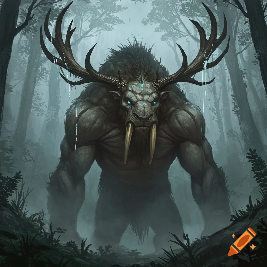 A large, muscular, grey monster with antlers, glowing blue eyes, and tusks stands in a misty, dark forest.