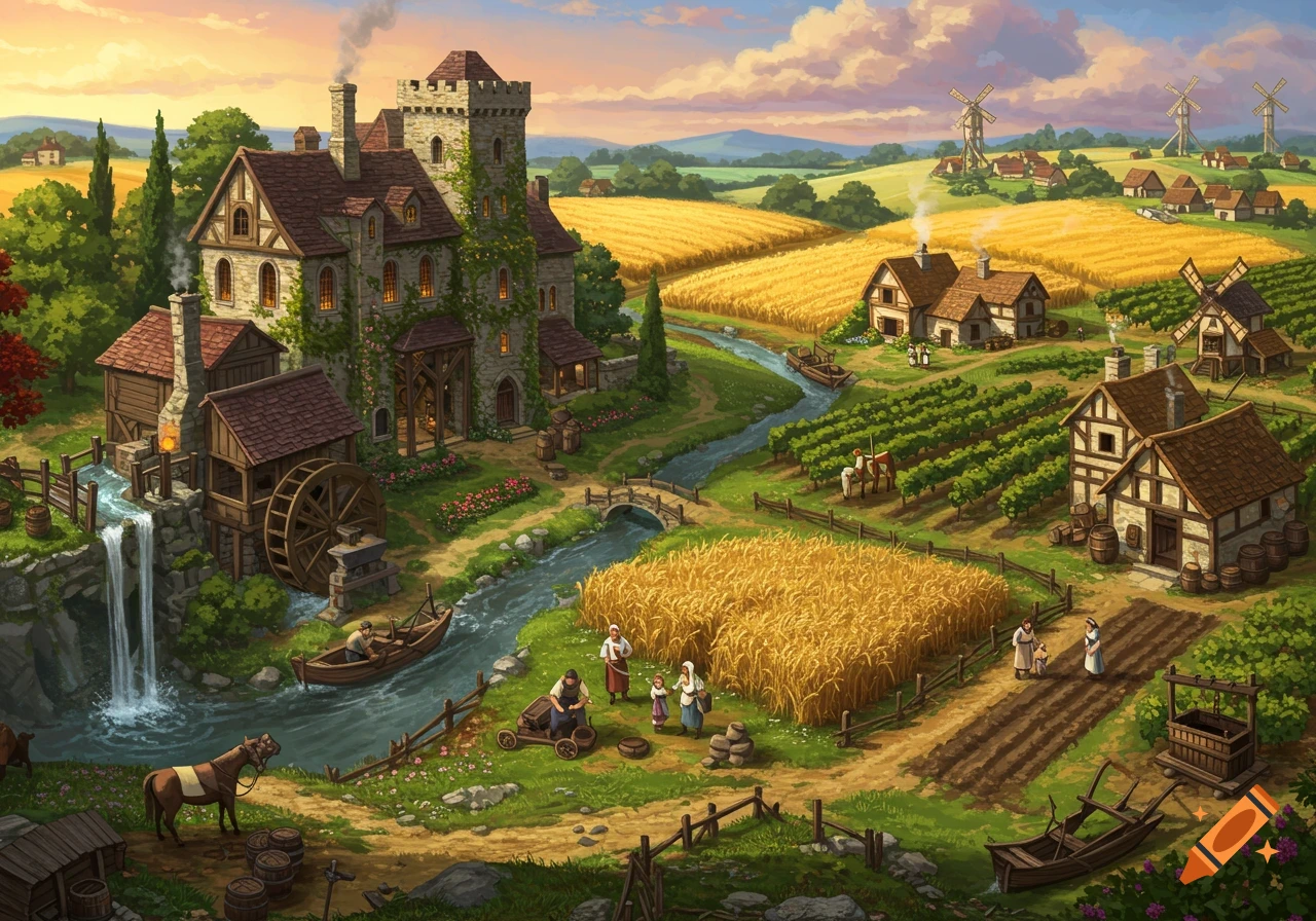 Detailed illustration of a medieval manor with a castle-like house, water mill, farms, vineyards, windmills, and villagers working.