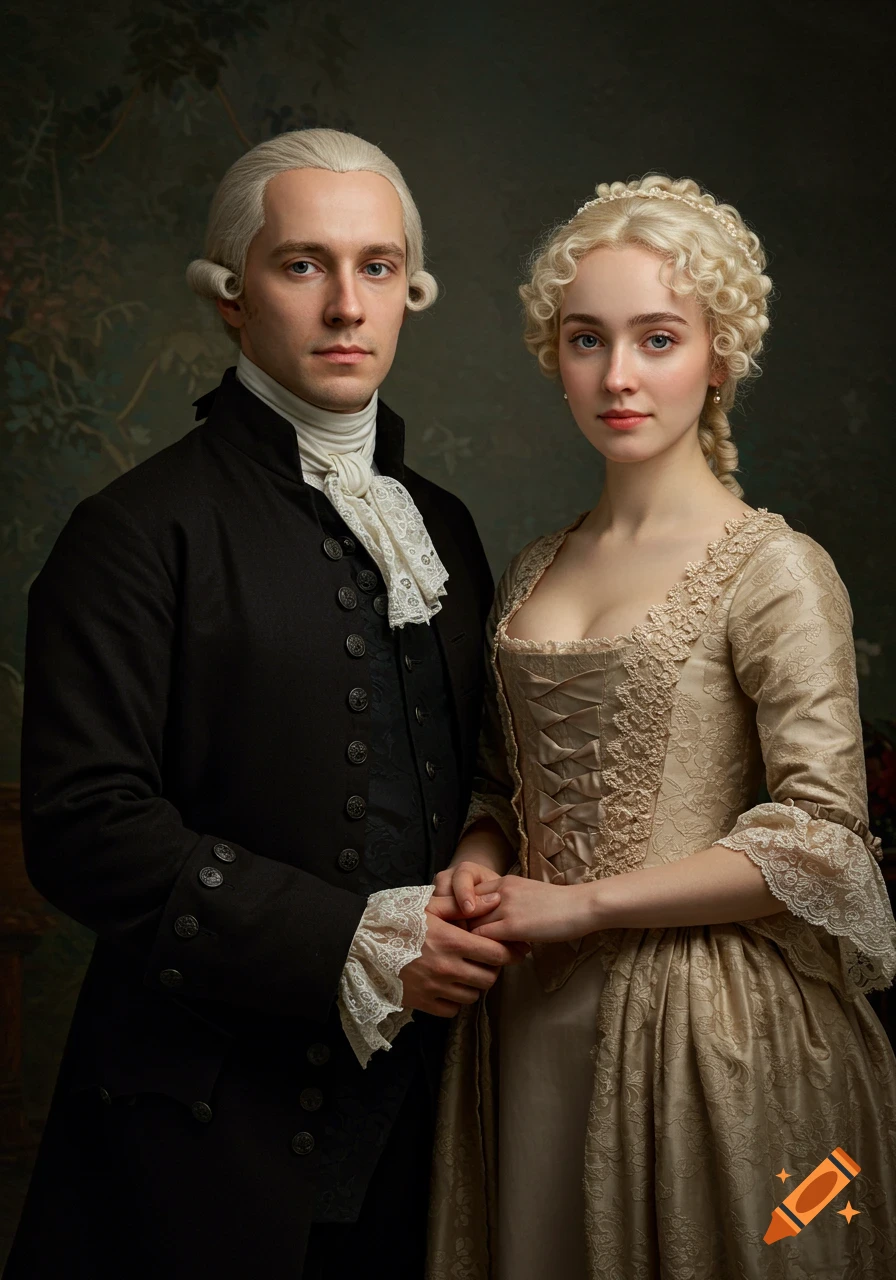 A photorealistic 1700s-style portrait of a man in a dark coat and a woman in a lace gown, holding hands, with a painterly background.