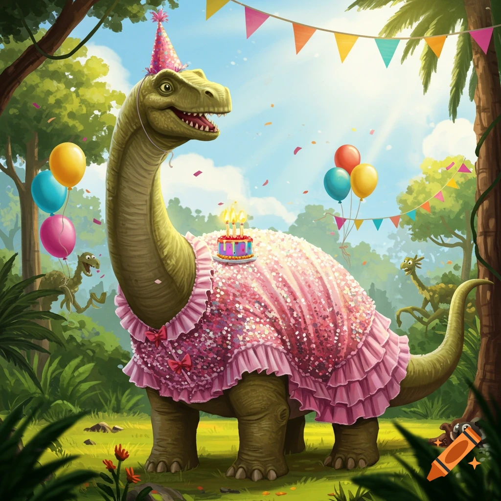 A green dinosaur in a pink sparkly birthday dress and party hat, with a cake on its back, surrounded by balloons and confetti in a jungle.