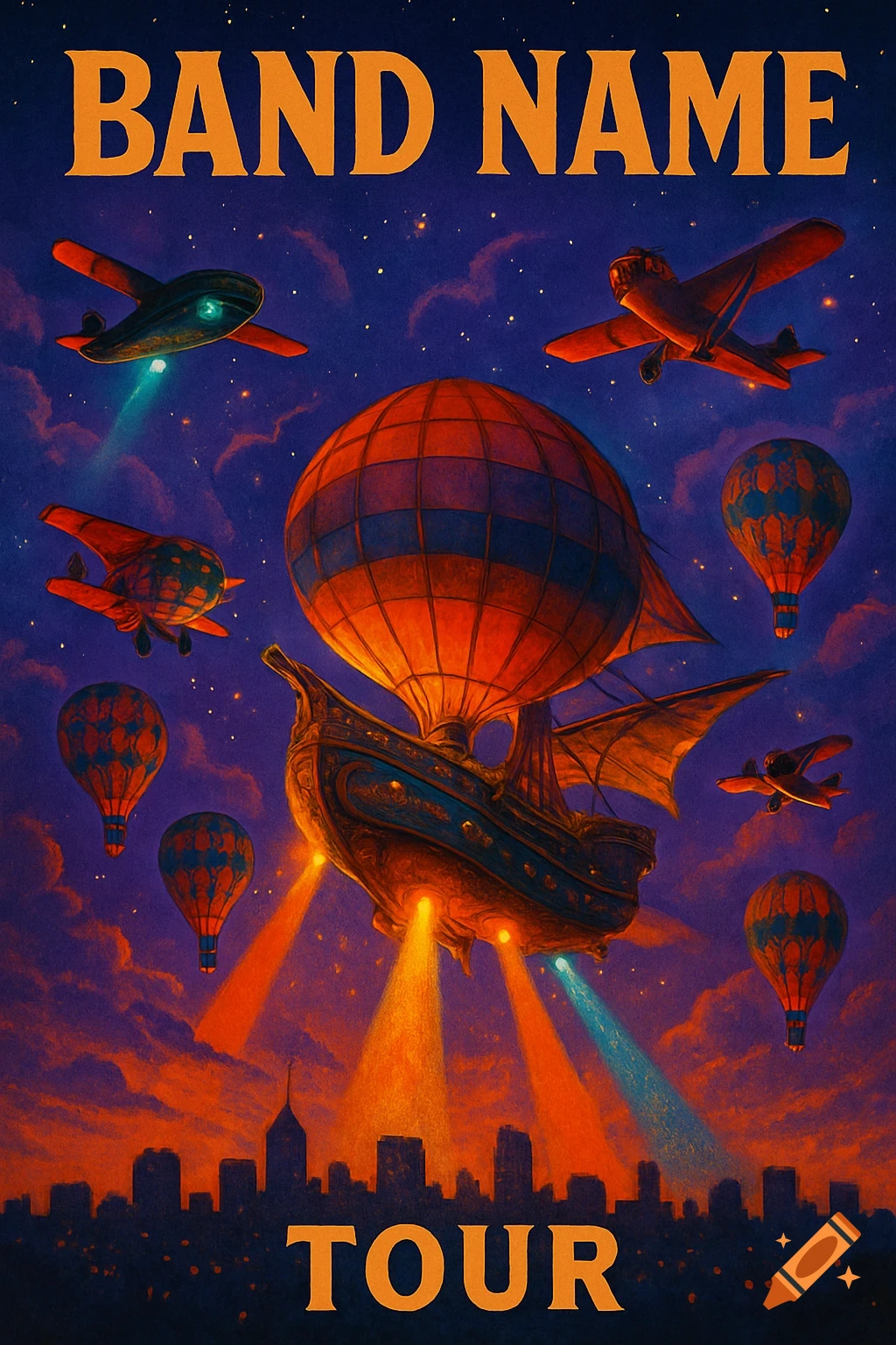 Colorful illustrative poster of a large steampunk airship, planes, and balloons flying over a city at night.