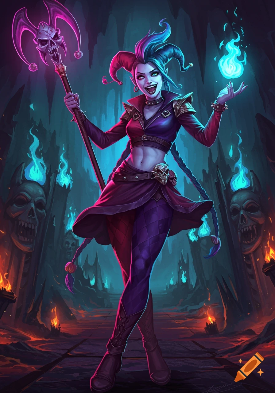 A vibrant, stylized fantasy illustration of a female jester with a skull staff, conjuring blue fire in a fiery, skull-filled cave.