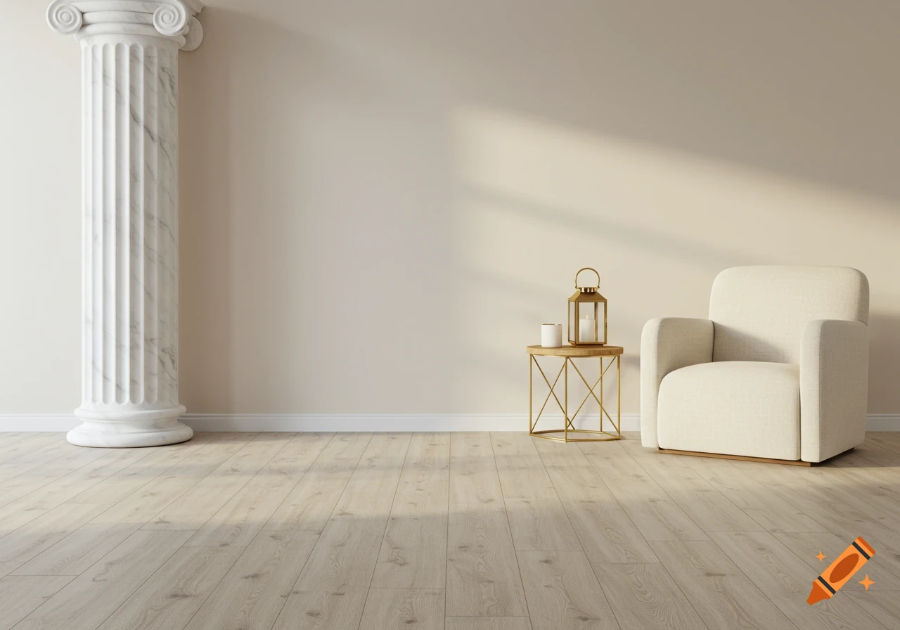 A photorealistic elegant interior with a marble column, beige armchair, and side table with a lantern on a light wooden floor.