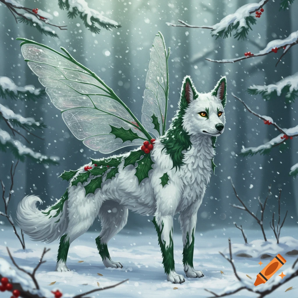 A white wolf-like creature with green holly markings and clear fairy wings stands in a snowy forest during a light snowfall.