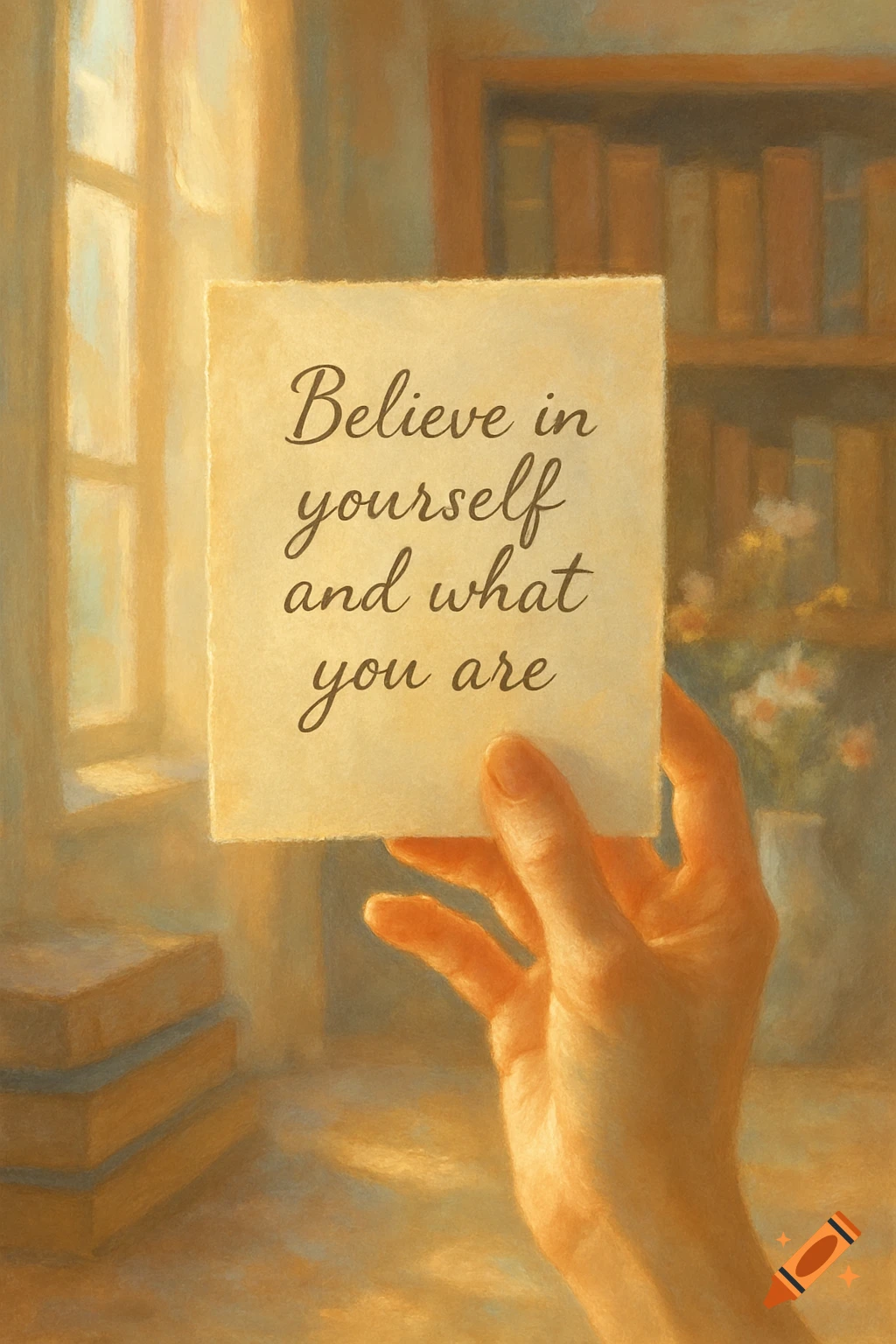 A hand holds a note with the inspirational quote 'Believe in yourself and what you are' in a warm, painterly style.