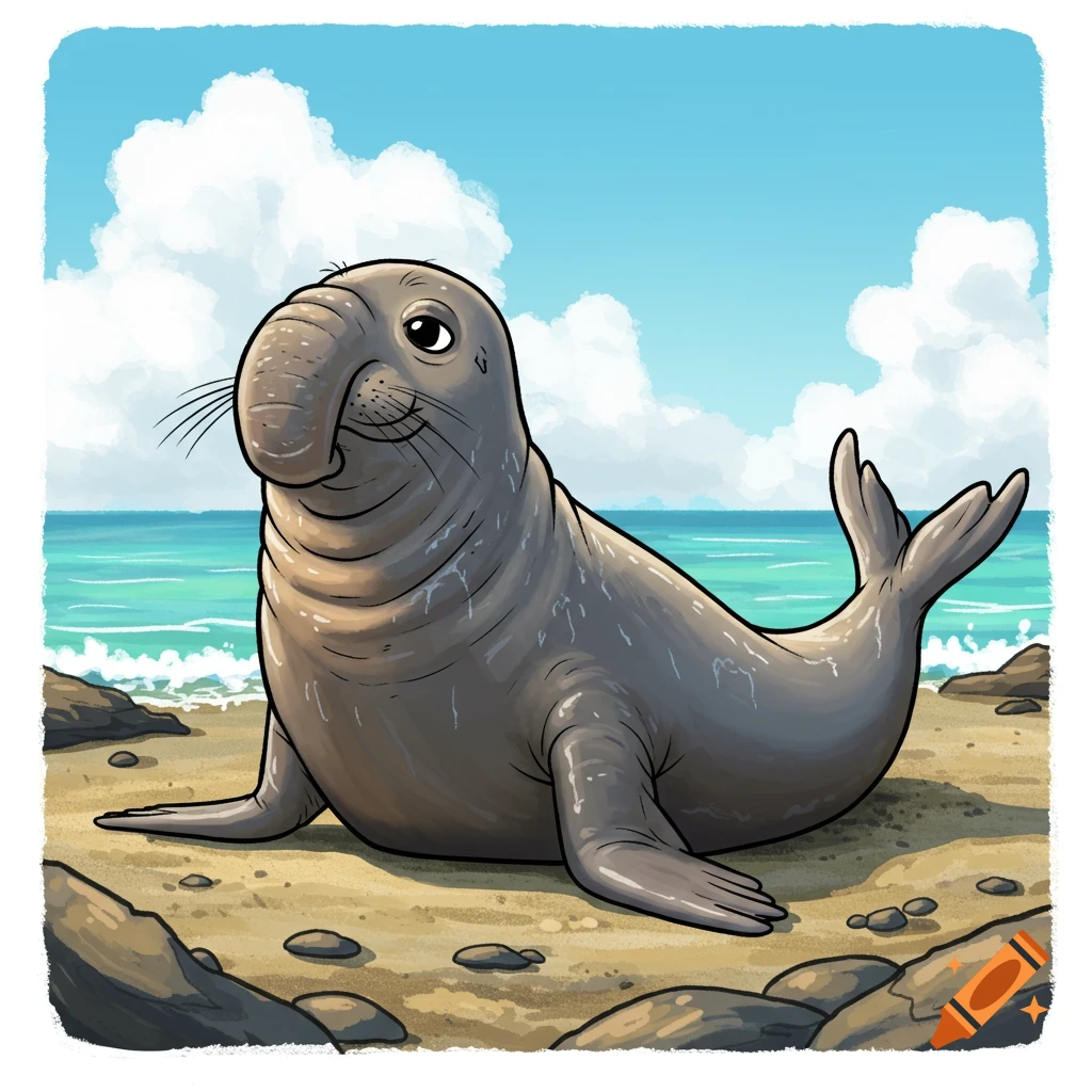 A cartoon elephant seal with a long nose sits smiling on a sandy beach by the ocean under a blue sky.