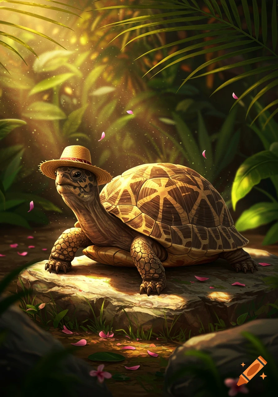 A photorealistic Indian Star Turtle wearing a straw hat sits on a rock in a sun-dappled jungle with pink petals.