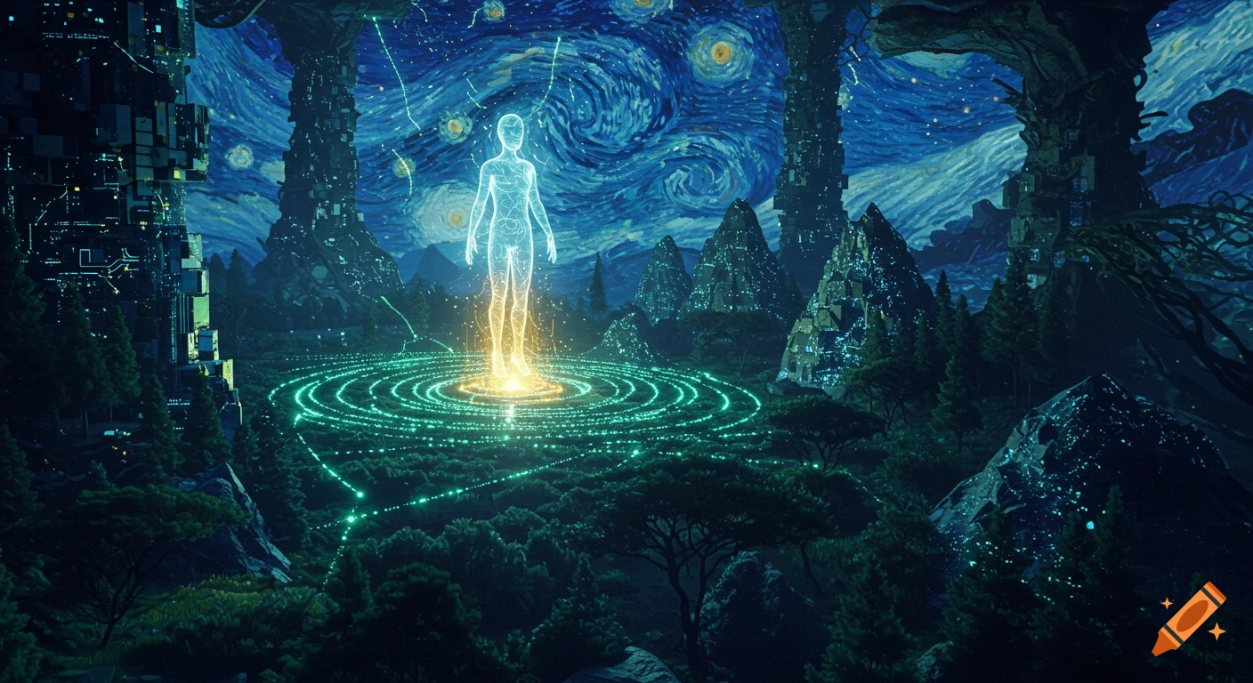 A glowing humanoid figure stands in a surreal landscape of digital structures, lush trees, mountains, and a Van Gogh-style starry night sky with swirling lights.