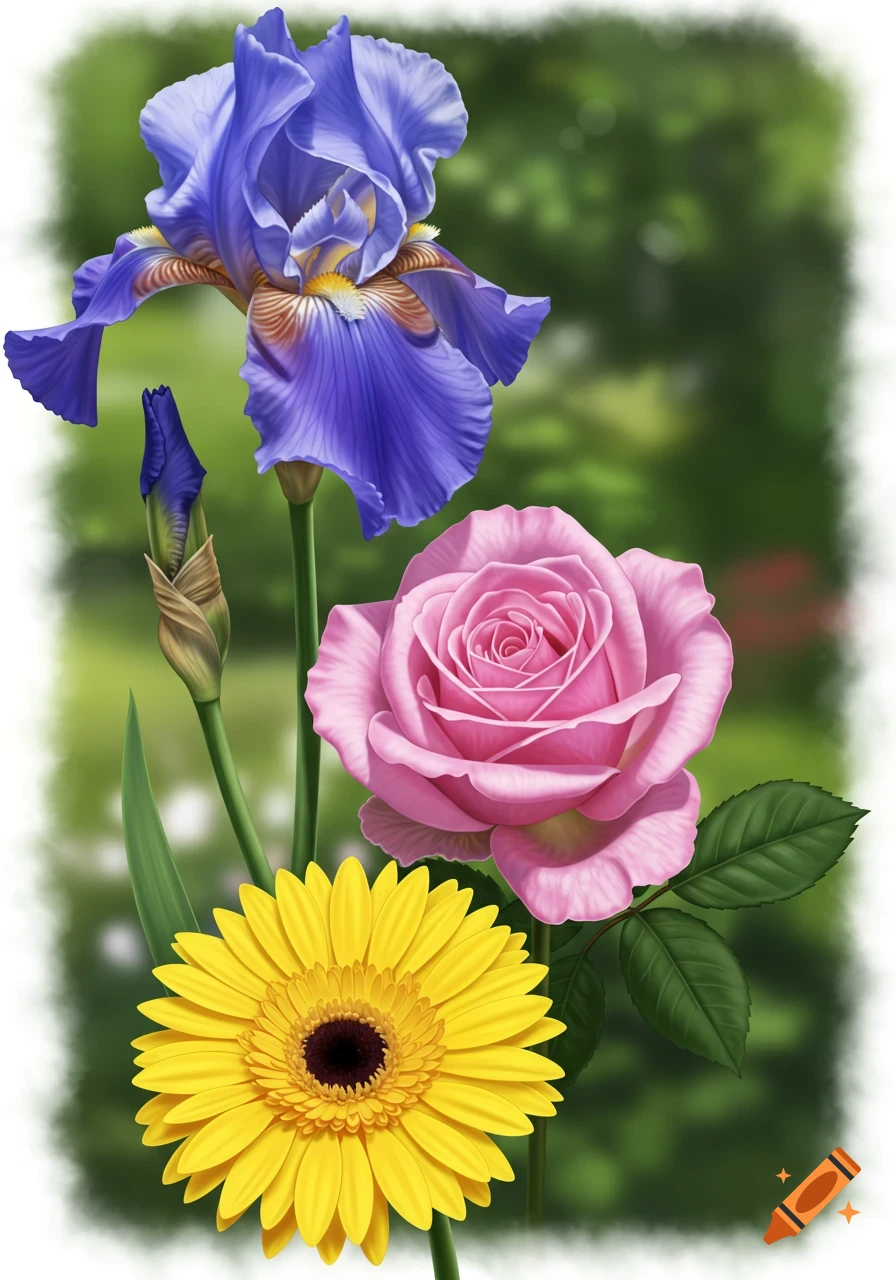 A vibrant composition featuring a purple-blue iris, a pink rose, and a yellow gerbera daisy against a soft green background.