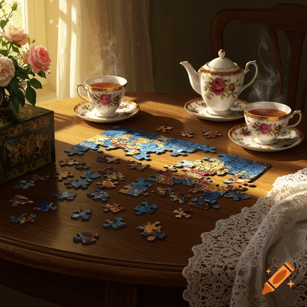 A still life of a partially completed jigsaw puzzle on a wooden table, next to a floral teapot, two steaming teacups, and a vase of roses, bathed in sunlight.