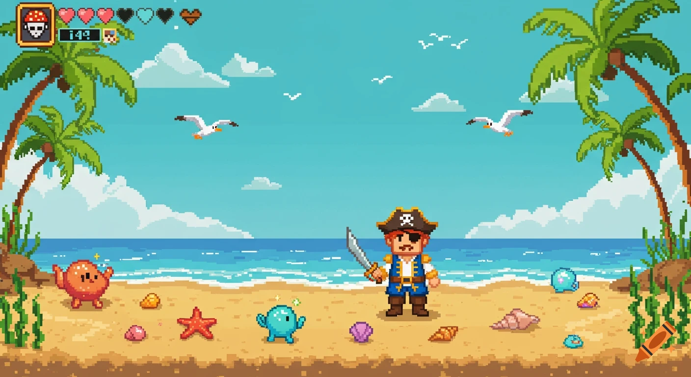 A colorful 8-bit pixel art scene of a pirate standing on a tropical beach with palm trees, ocean, and cartoon sea creatures.