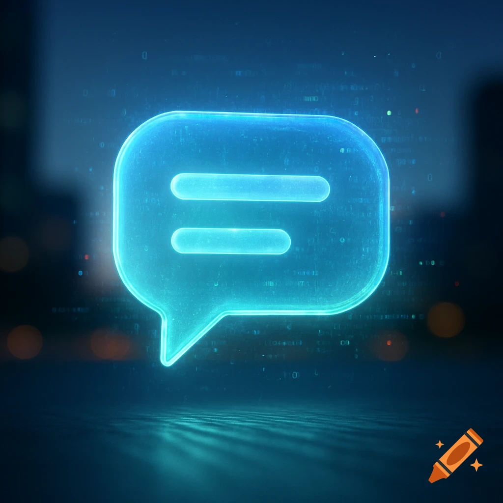 A glowing blue digital chat bubble icon with two horizontal lines inside, on a dark, blurry digital background.