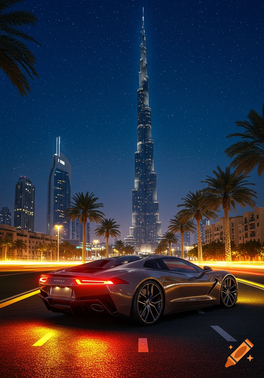 A luxury sports car parked at night in Dubai with the illuminated Burj Khalifa and other skyscrapers under a starry sky.