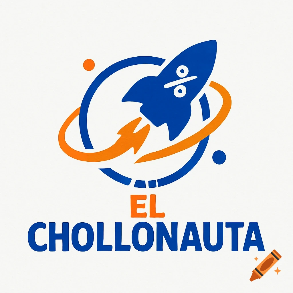 A blue rocket logo with an orange flame, a percent sign on the rocket, and orbiting rings, with the text EL CHOLLONAUTA.