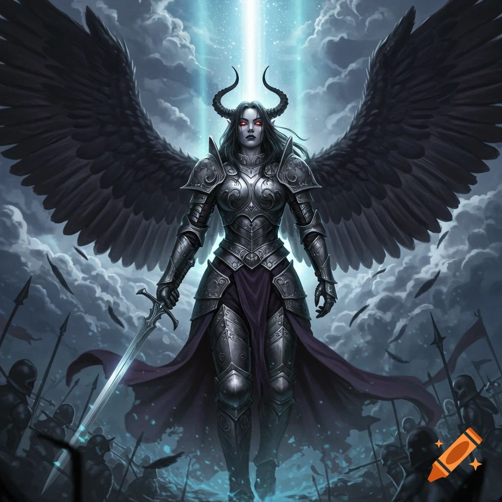 A horned female warrior with large black wings and red eyes in full armor holds a sword on a cloudy battlefield.