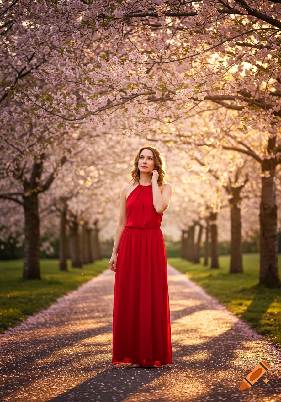 A woman in a red halterneck dress stands on a path covered with pink petals under blooming cherry trees at golden hour. Photorealistic.