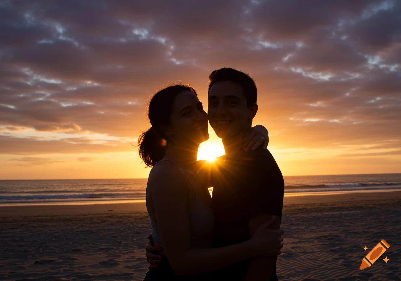 A silhouette of two people hugging on a beach during a vibrant sunset over the ocean.