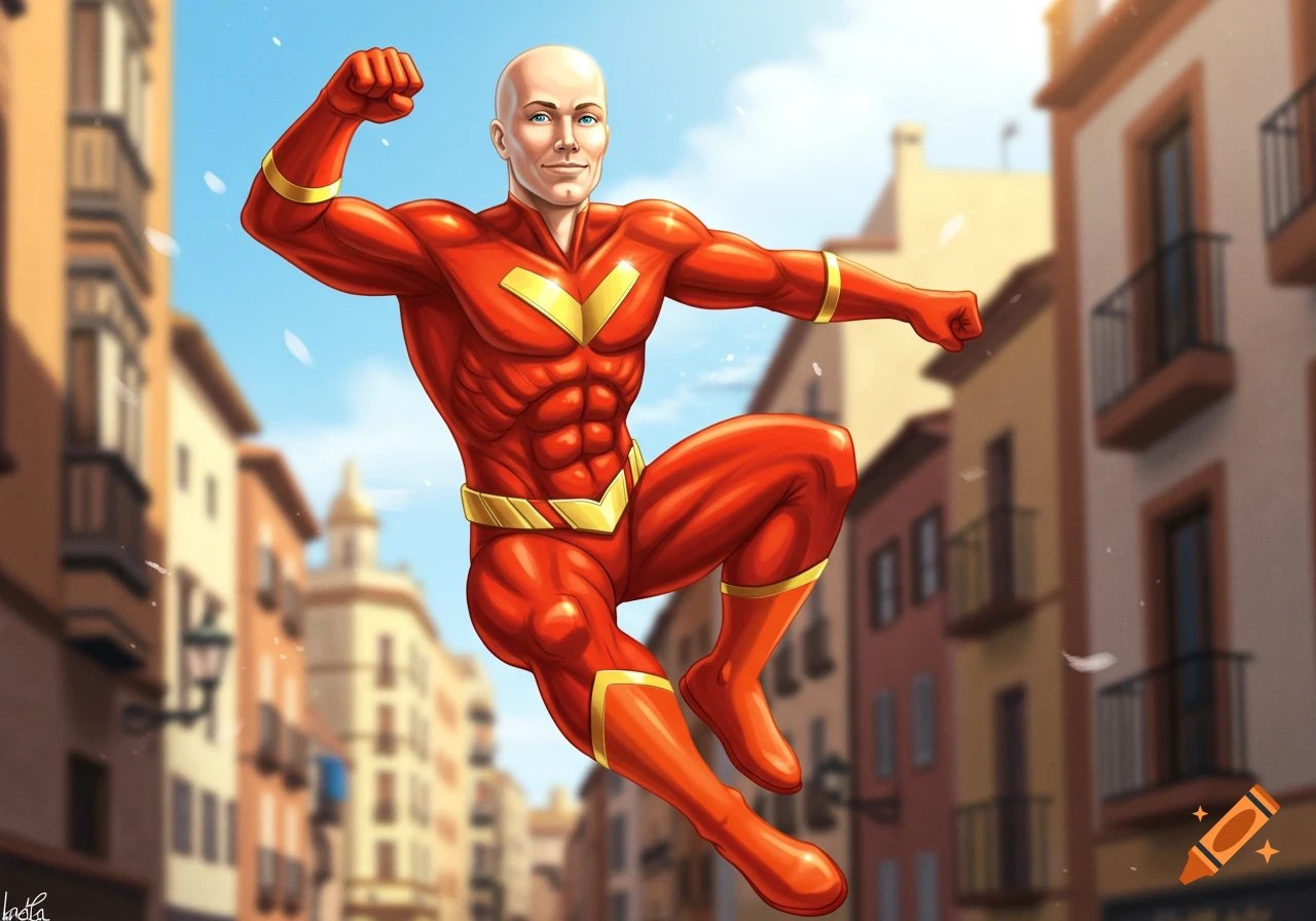 A bald male superhero in a red and gold suit with a yellow belt floats in an action pose above a vibrant city under a clear sky, comic art style.