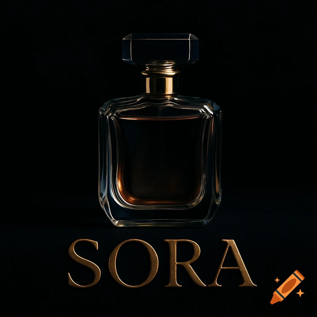 A sleek, clear glass perfume bottle with dark liquid and gold accents on a black background, with the golden word 'SORA' below it.