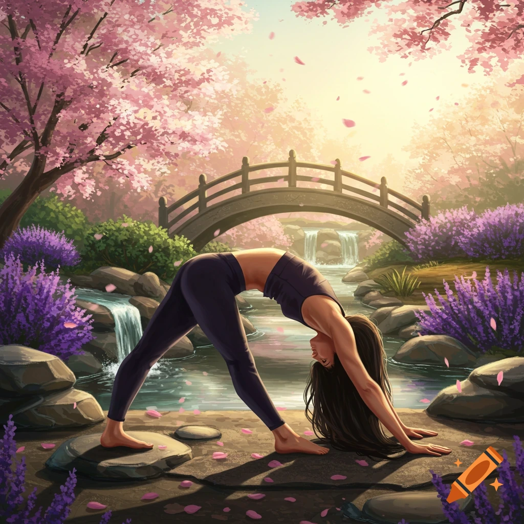 An illustrated woman in black activewear performs a downward dog yoga pose in a serene garden with cherry blossoms, a stream, and a bridge.