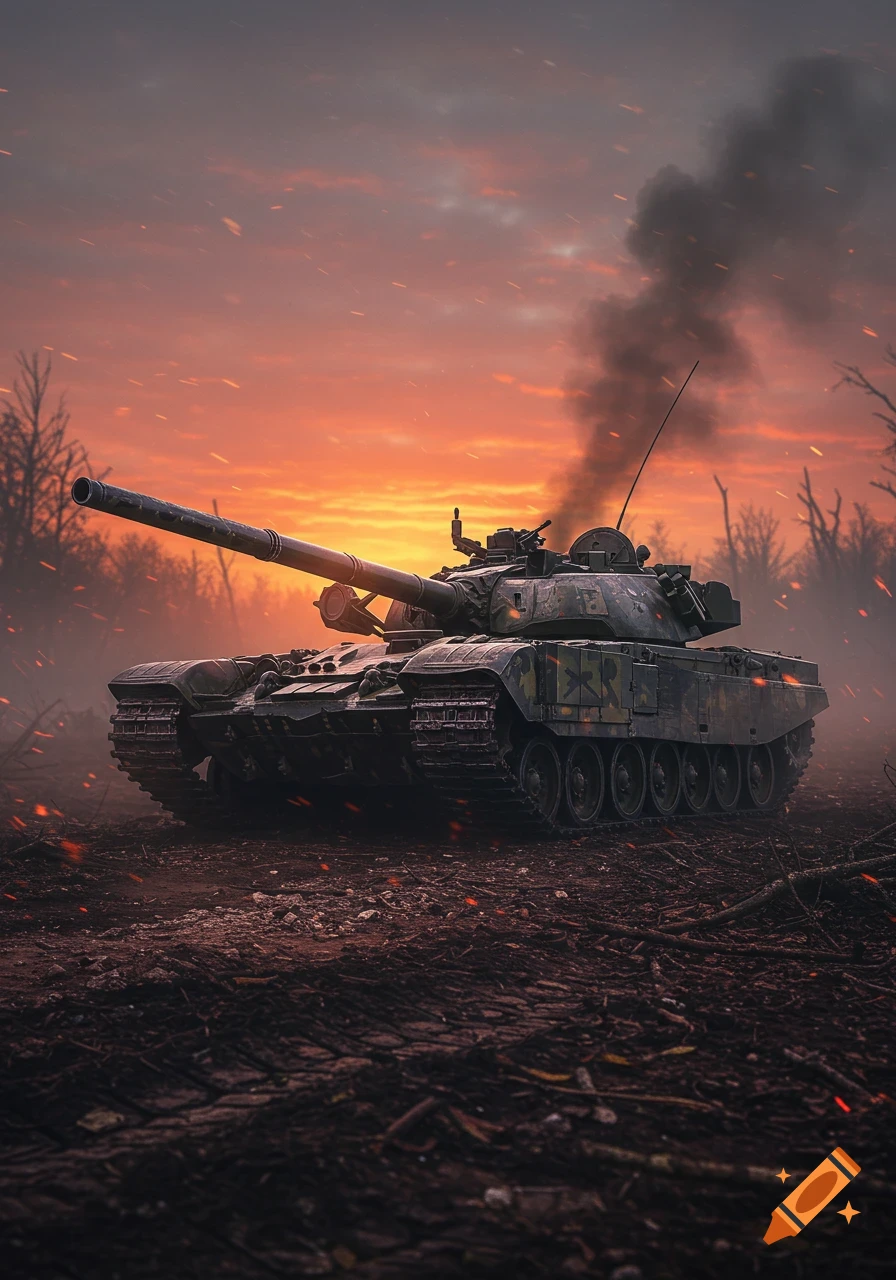 A military tank on a battlefield at sunset with smoke and flying embers.