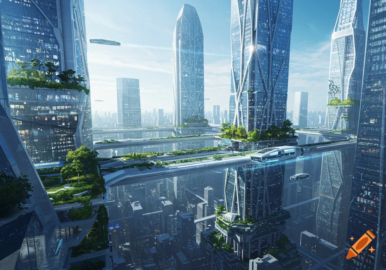 A sprawling futuristic cityscape with towering glass skyscrapers, multi-level sky bridges, and flying vehicles.
