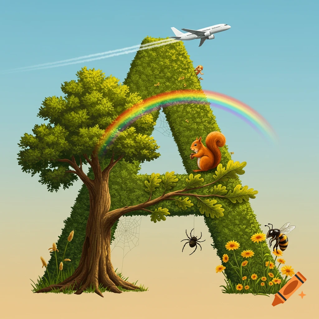 A whimsical illustration of a letter 'A' formed by lush greenery, featuring an airplane, rainbow, tree, squirrel, spider, and bee.