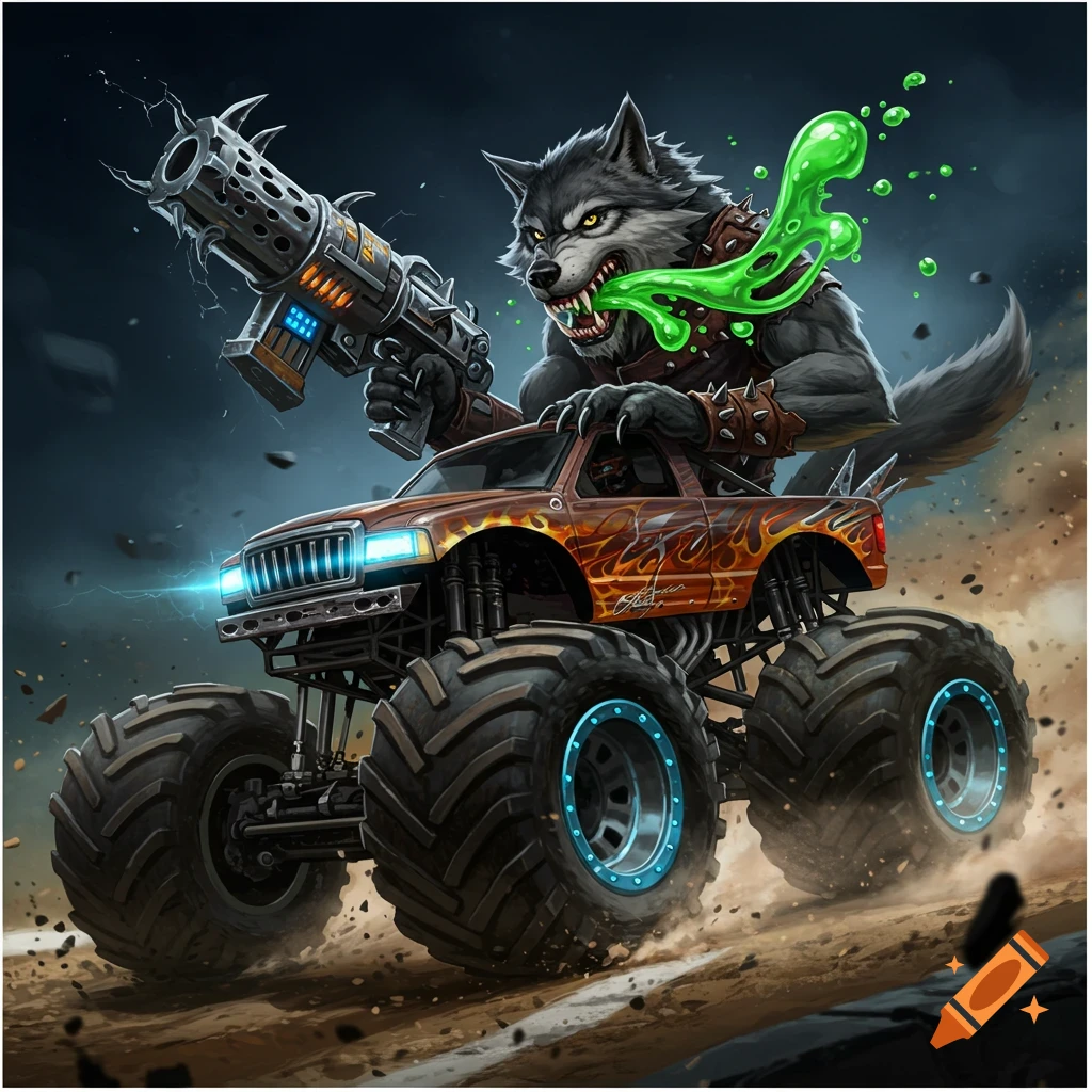 A fierce cartoon wolf with green slime drives an orange monster truck, holding a futuristic spiked gun, in a dynamic illustration.