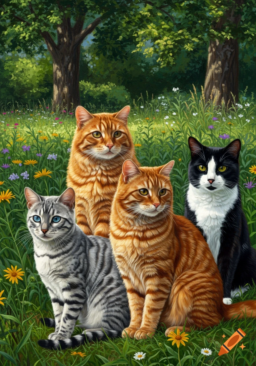 Four cats (a grey tabby with blue eyes, two ginger, and a black and white tuxedo) sit in a grassy field with wildflowers and trees.