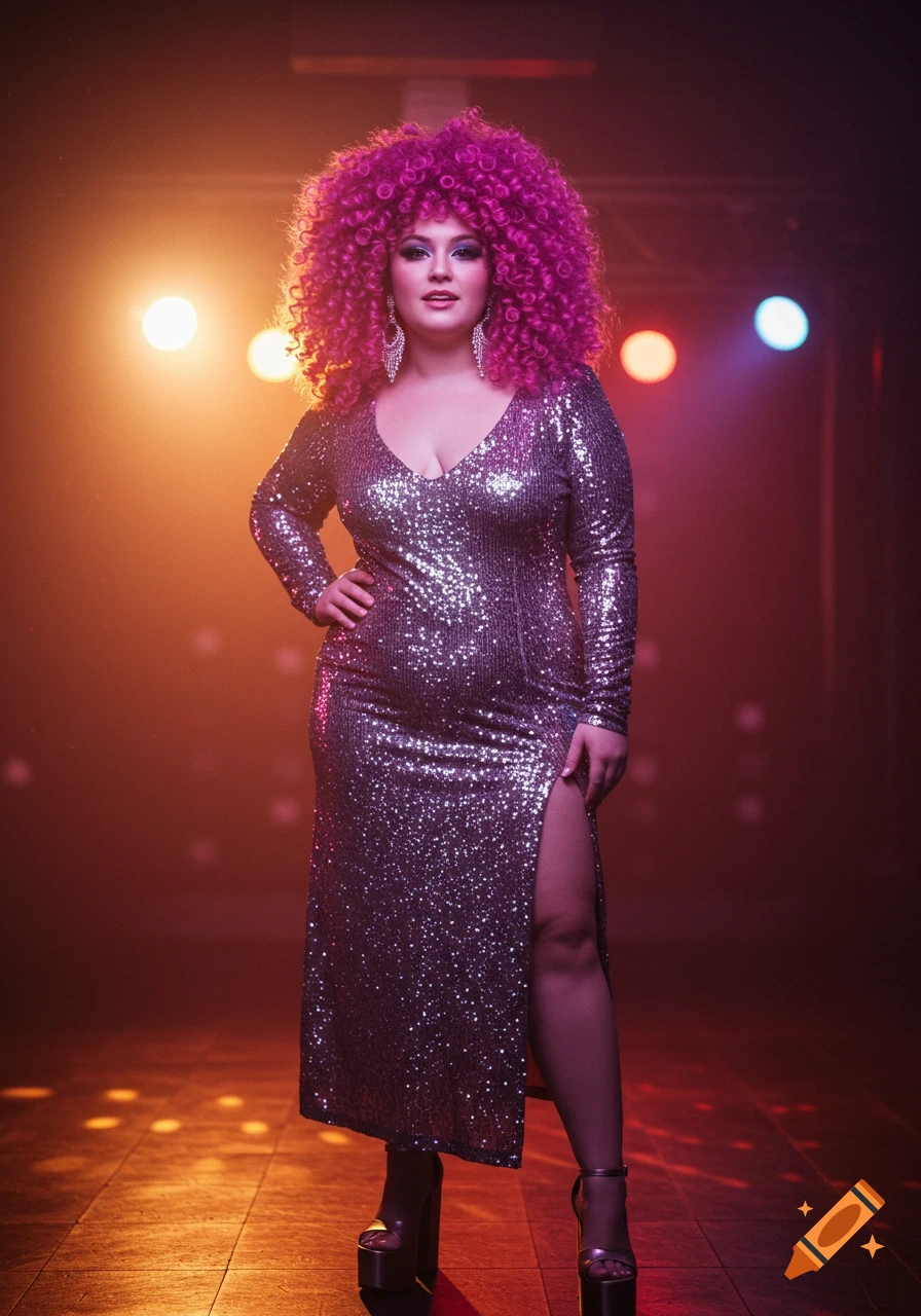 A woman with a fuchsia curly disco perm hairstyle wearing a long silver sequined dress and platform heels poses under disco lights.