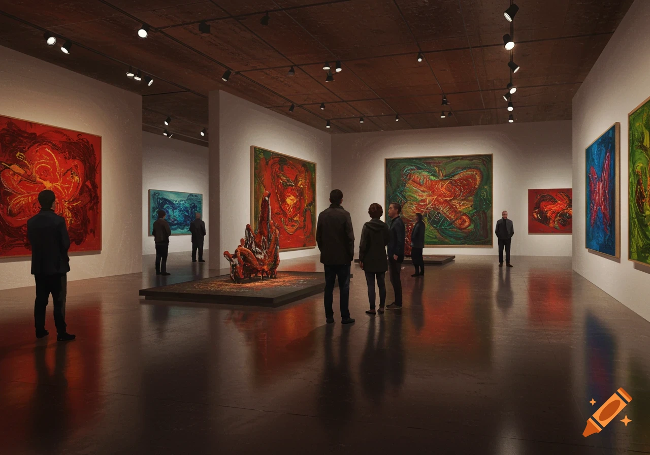 People view abstract paintings and a sculpture in a dimly lit modern art gallery.