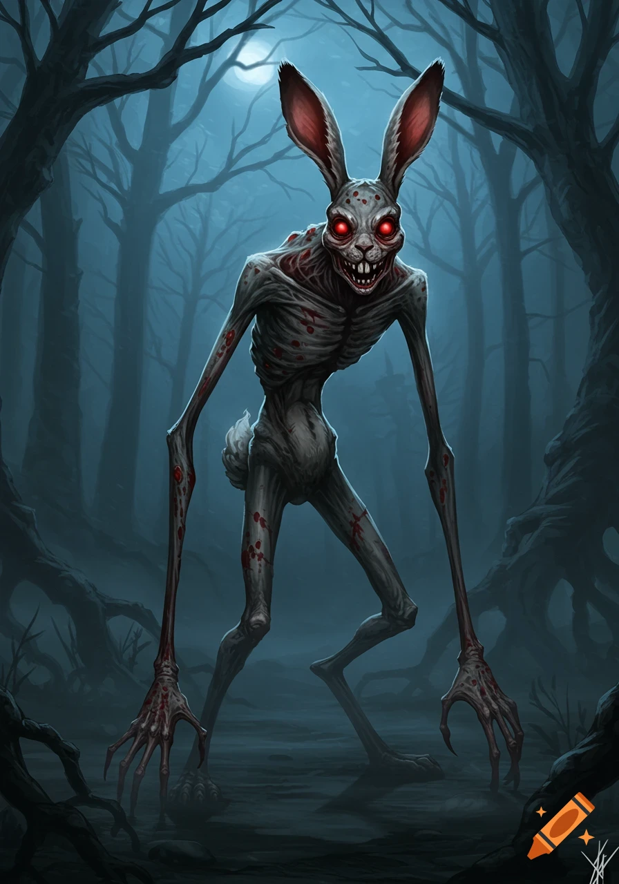 A gaunt, monstrous grey rabbit creature with long limbs, red eyes, sharp teeth, and blood spots stands in a dark, misty forest under a full moon, in a horror art style.