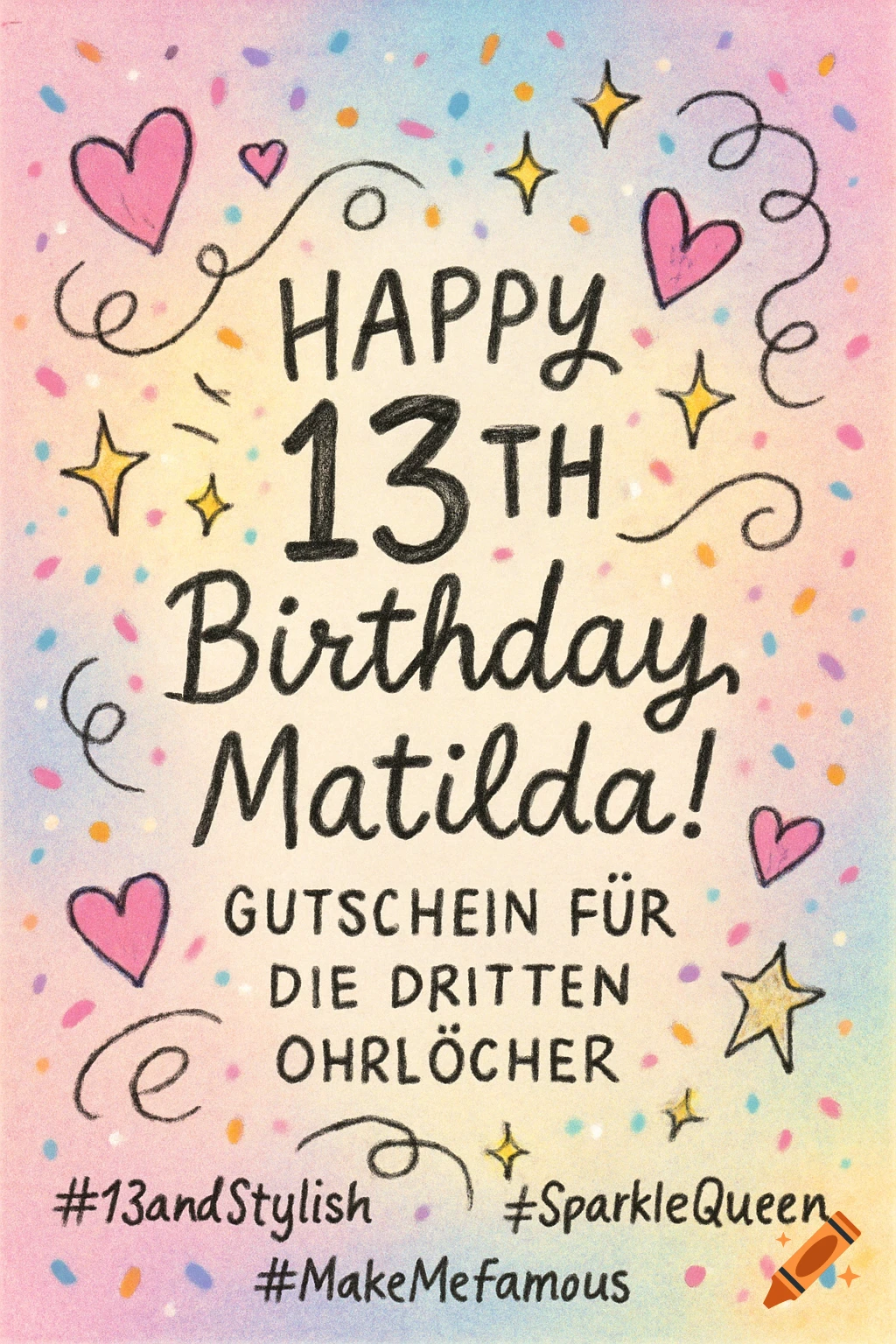 A colorful, hand-drawn birthday card for Matilda's 13th birthday, offering a voucher for ear piercings, decorated with hearts, stars, and confetti.