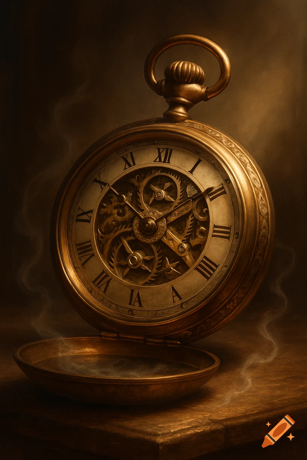 A golden, ornate steampunk pocket watch with visible gears and Roman numerals, emitting wisps of smoke from its open lid, stands on a dark wooden surface.