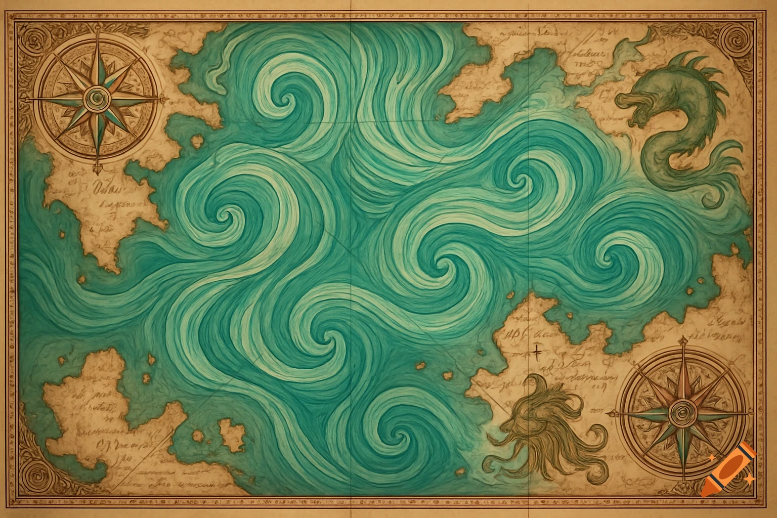 A vintage-style fantasy map featuring swirling teal ocean currents, brown landmasses with illegible script, two compass roses, a dragon, and an octopus-like sea creature.